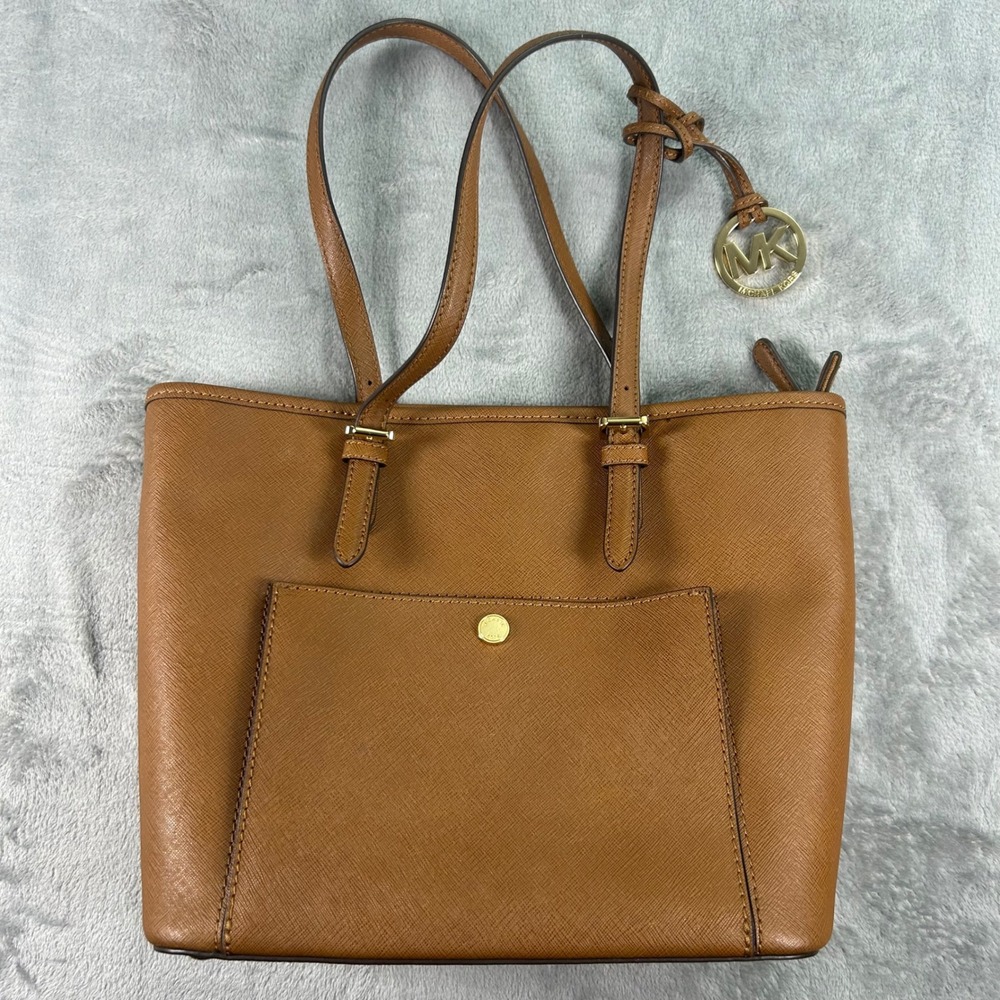 Michael Kors Jet Set Travel Brown Saffiano Leather Tote Bag Gold Hardware